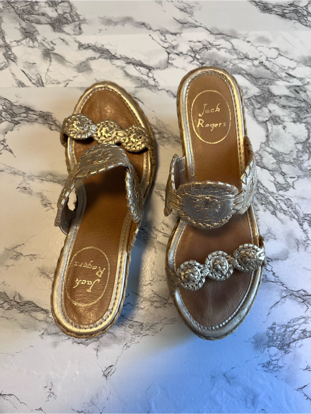 Jack Rogers Metallic Gold Slide Mules with Braided Medallions